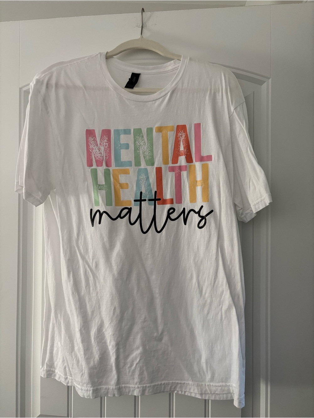 Gildan White Short-Sleeve Tee with Multicolor "Mental Health Matters" Graphic